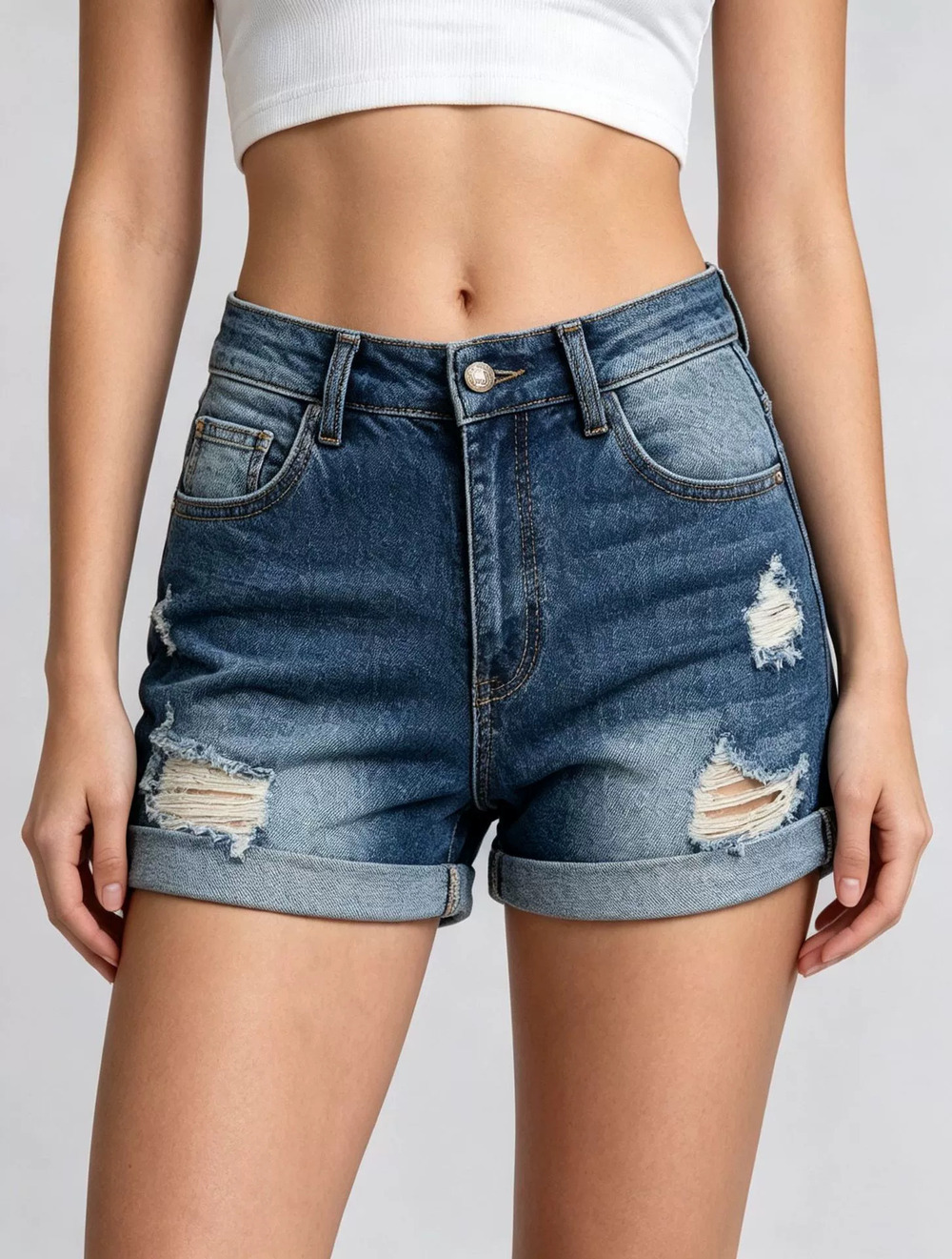 ZARA Stylish Distressed Design Non Stretch Rolled Hem Women Denim Shorts